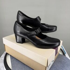 Clarks Rosalyn Wren Mary Jane Heels Womens 7N Black Leather Block Pump Round Toe
